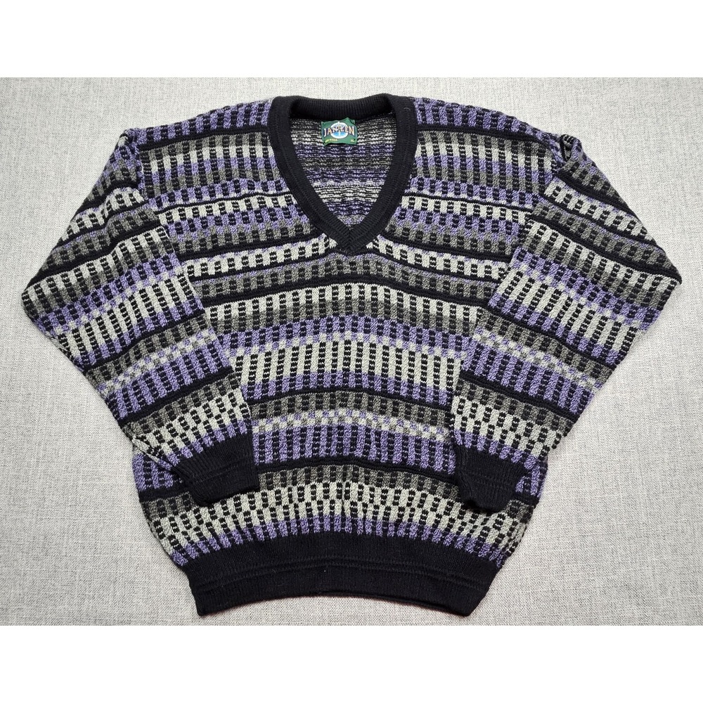 Vintage Jantzen Sweater‎ Mens XL Black Purple Geometric Knit Made USA 90s